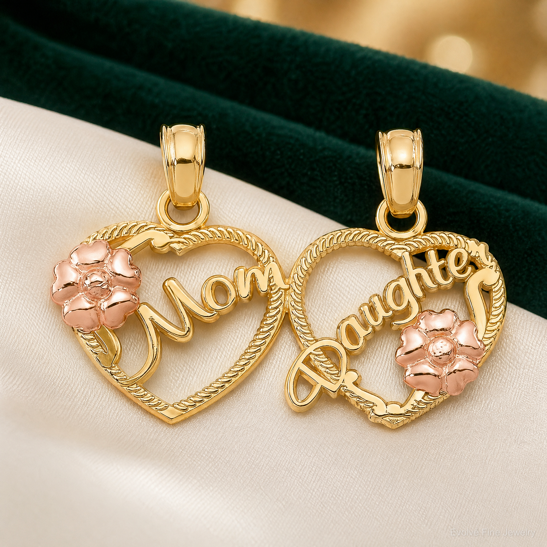 14k Two-tone MOM - DAUGHTER Break-apart Hearts Pendant - Lifestyle View