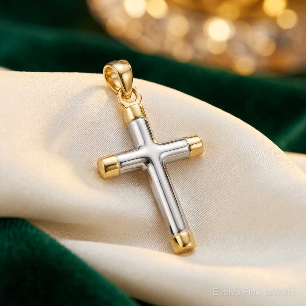 14k w/Rhodium Cross Pendant - Lifestyle View