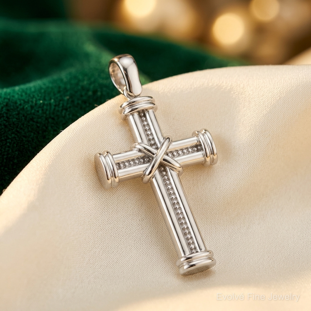 14k White Gold Latin Cross Pendant - Lifestyle View