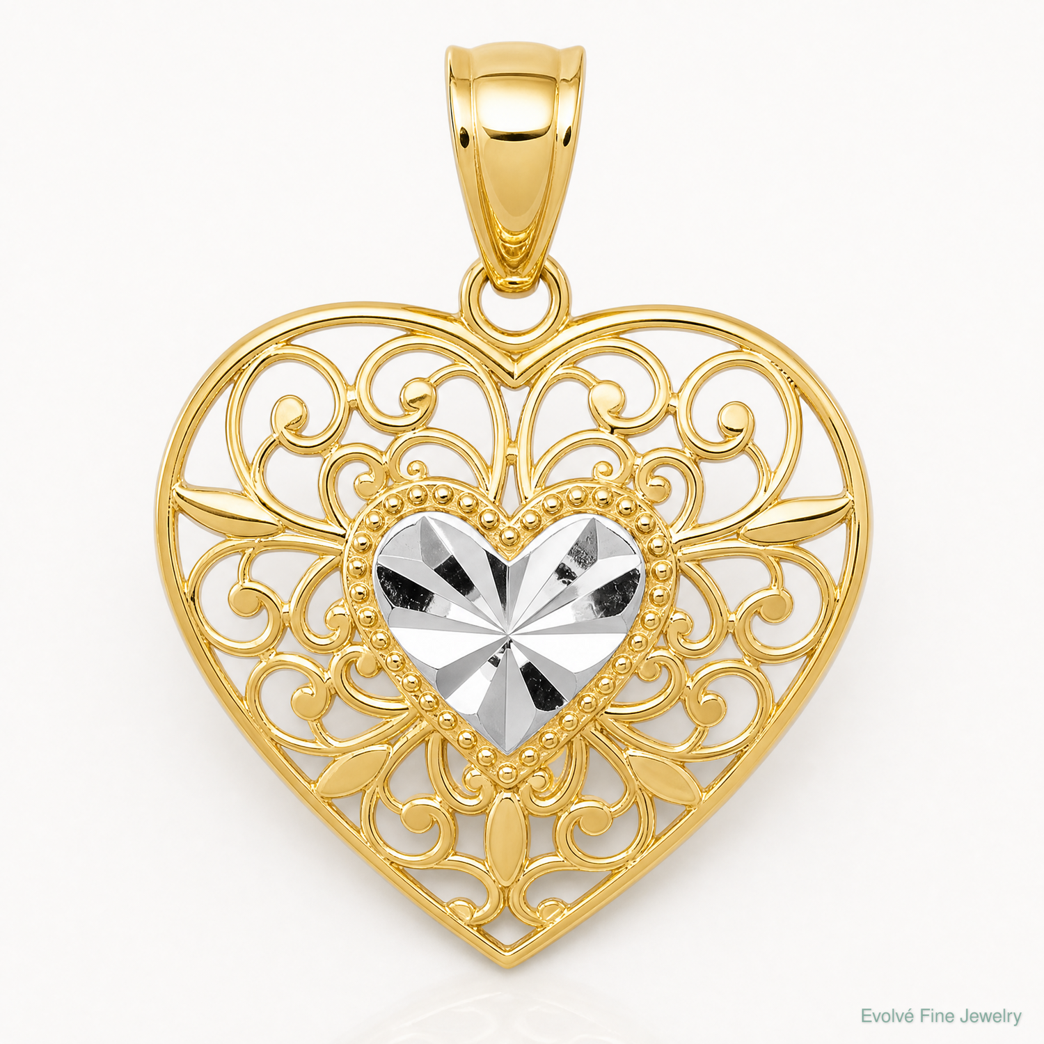 14K and White Rhodium Polished Diamond-cut Filigree Heart Pendant - Lifestyle View