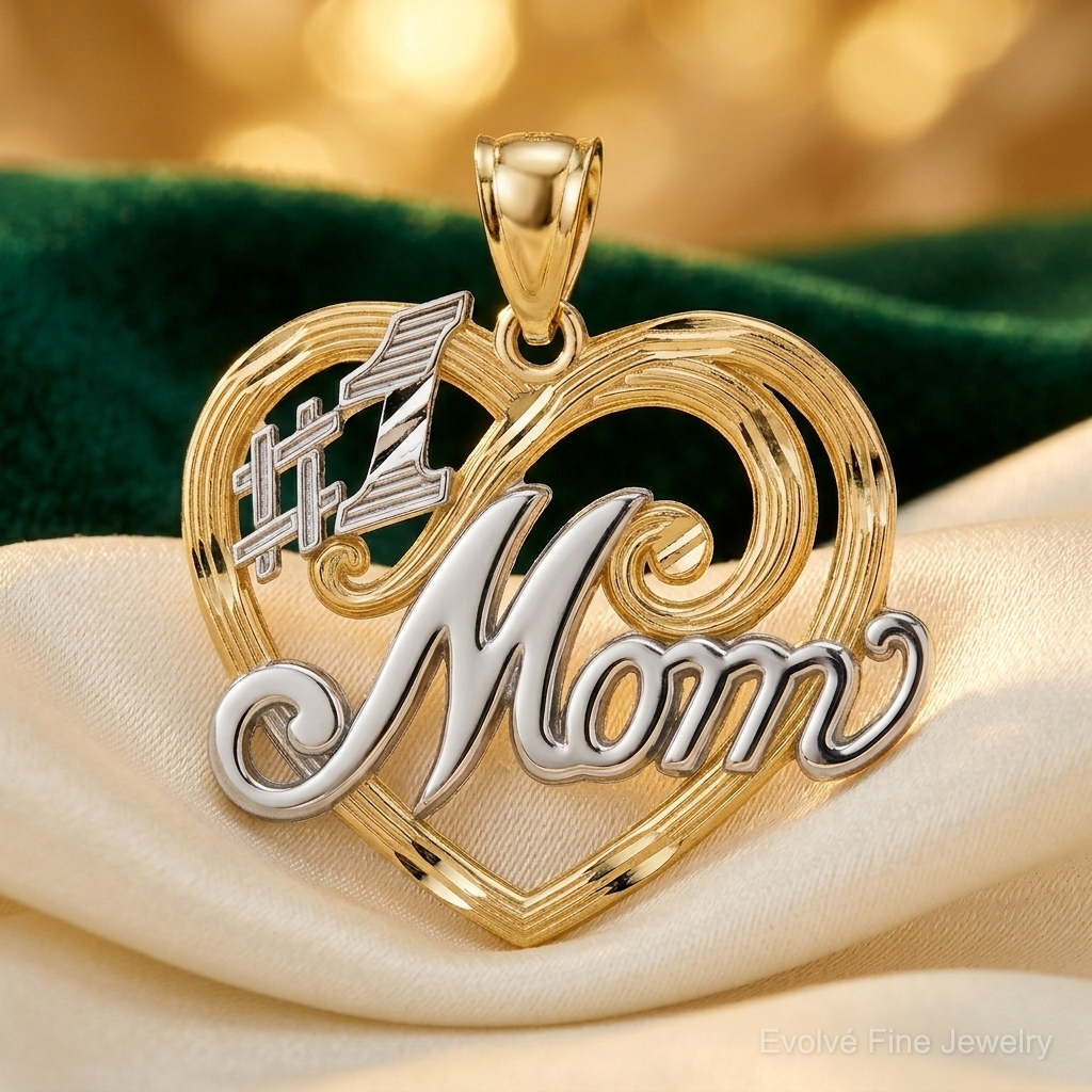 14k and Rhodium #1 MOM Heart Pendant - Lifestyle View