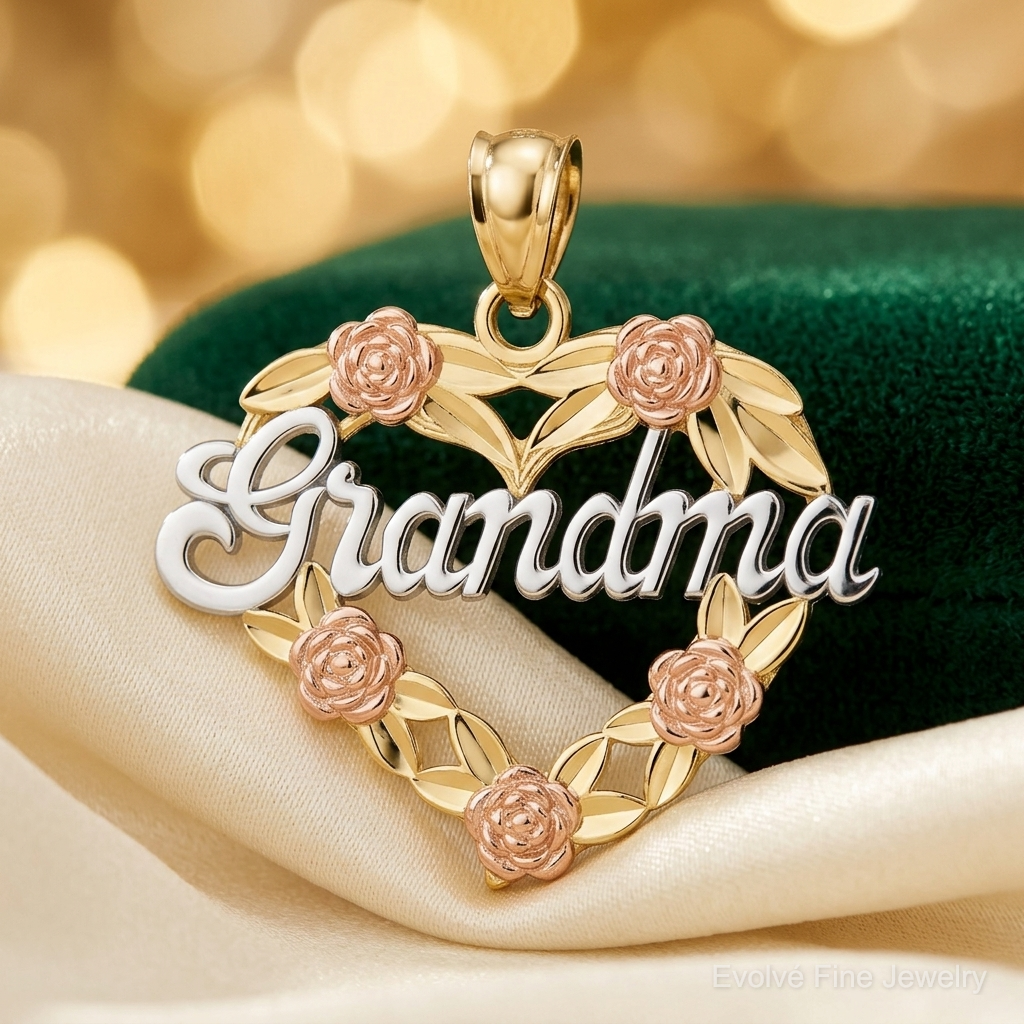 14k Two-tone w/White Rhodium GRANDMA Heart Pendant - Lifestyle View