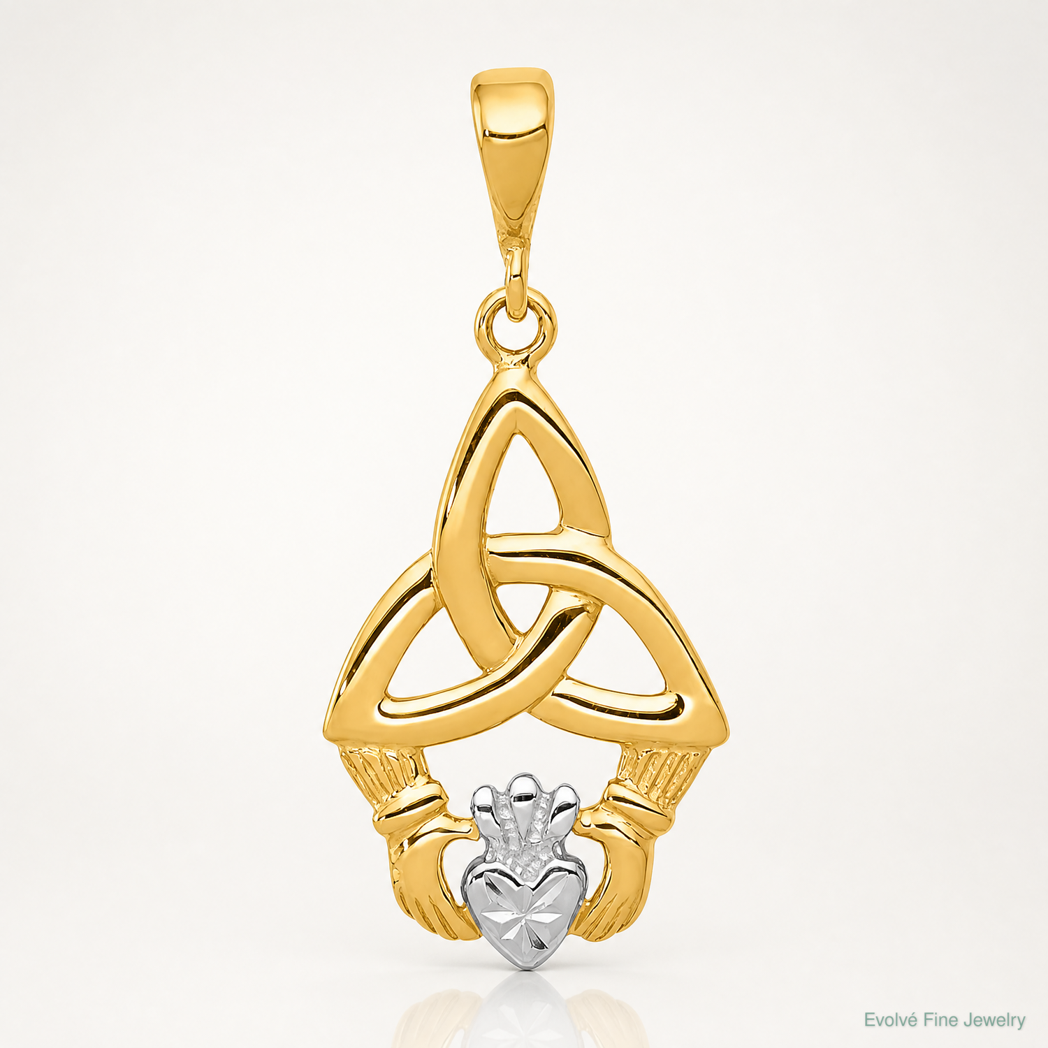 14K Rhodium Diamond-cut Claddagh Pendant - Lifestyle View