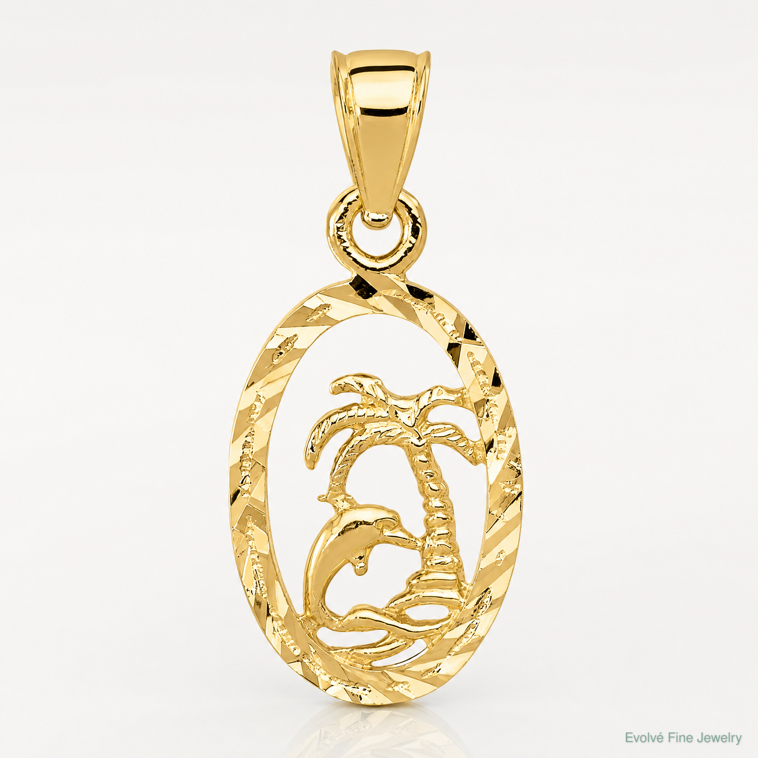 14K Dolphin and Palm Tree Pendant - Lifestyle View