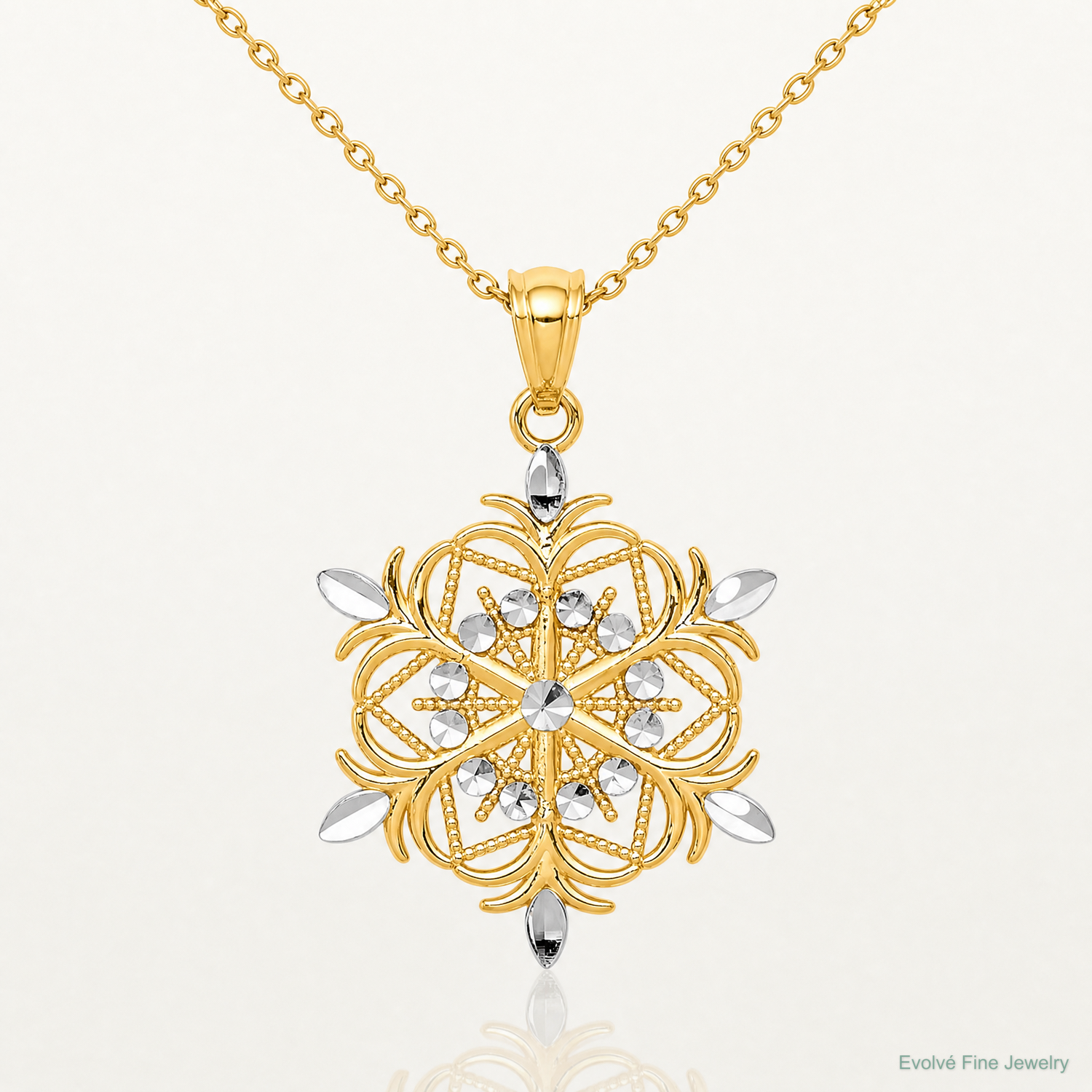14k w/ Rhodium Diamond-cut Snowflake Pendant - Lifestyle View