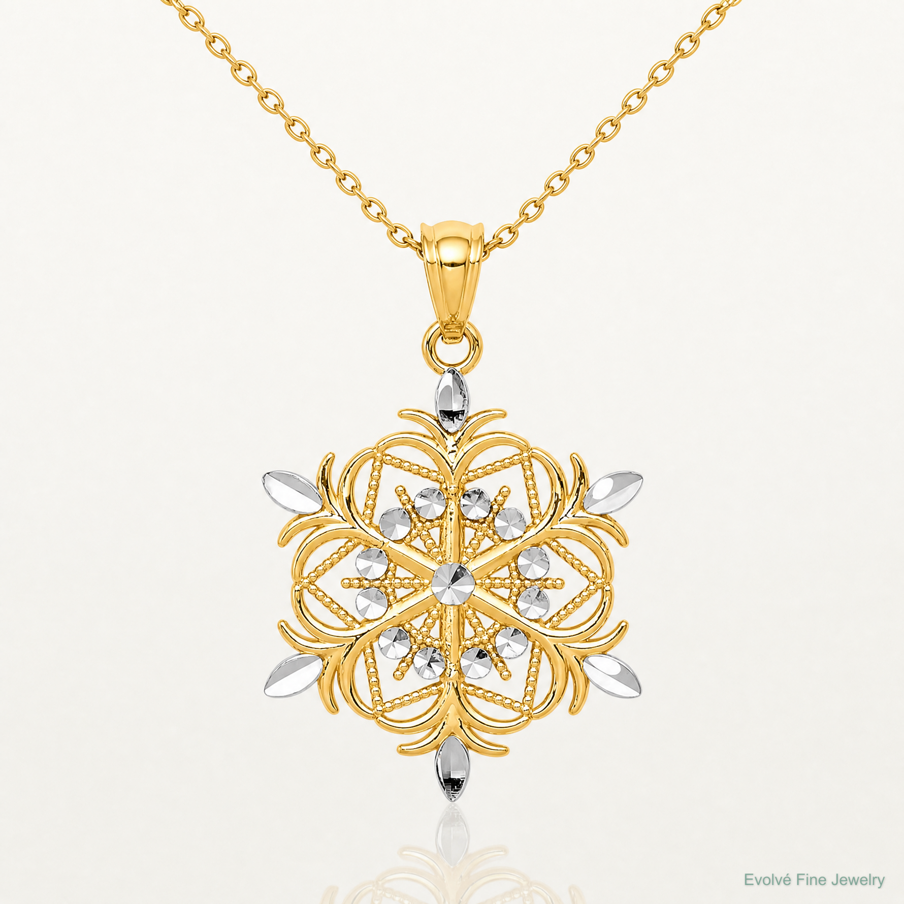 14k w/ Rhodium Diamond-cut Snowflake Pendant - Lifestyle View