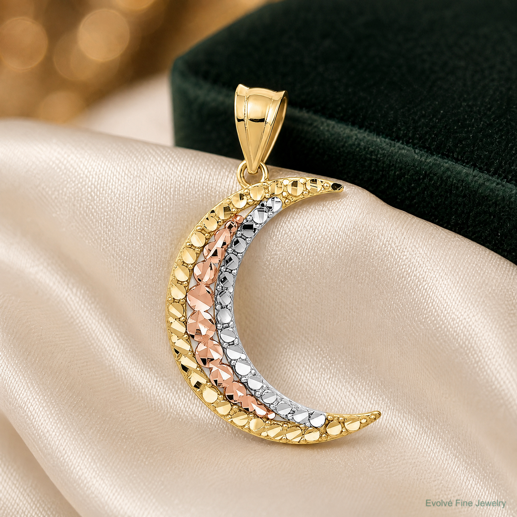 14K Two-tone w/White Rhodium Diamond-cut Moon Pendant - Lifestyle View