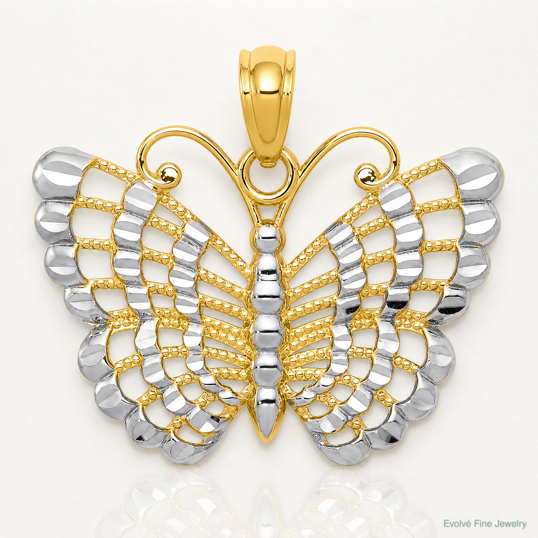 14k and Rhodium Diamond-cut Butterfly Pendant - Lifestyle View