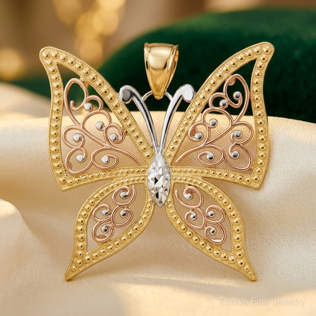 14k Two-tone w/White Rhodium Diamond-cut Butterfly Pendant - Lifestyle View