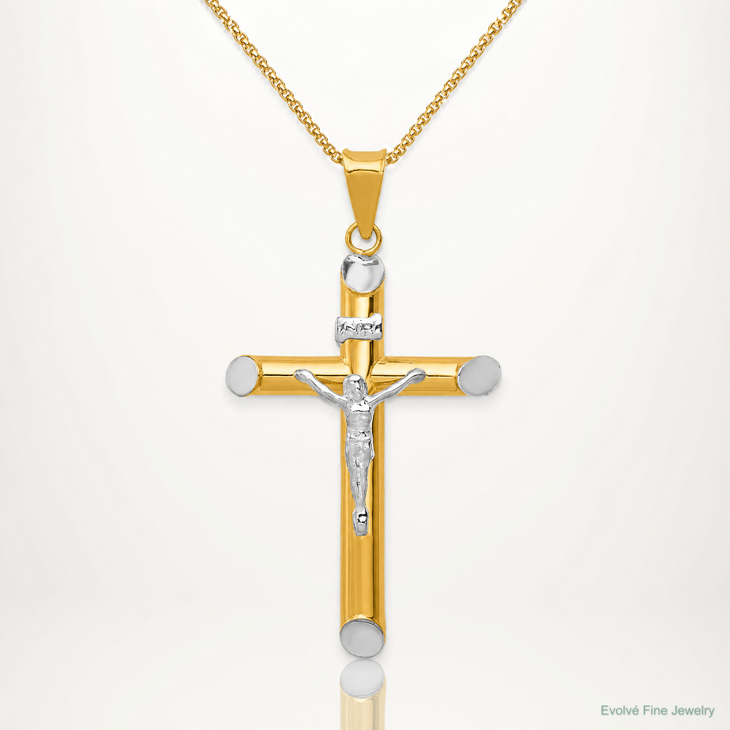 14K Two-Tone w/Rhodium Inri Crucifix Pendant - Lifestyle View