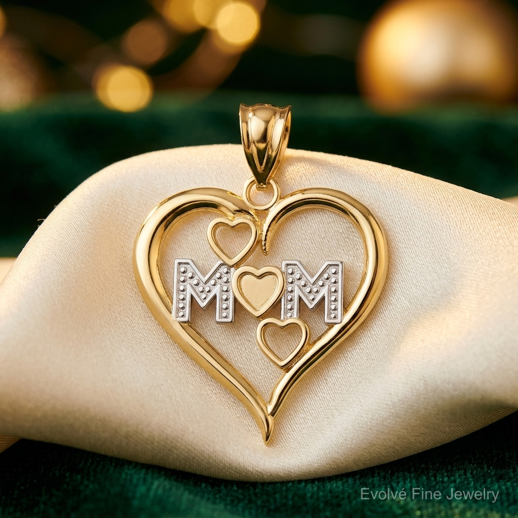 14k and White Rhodium Diamond-cut Mom Heart Pendant - Lifestyle View