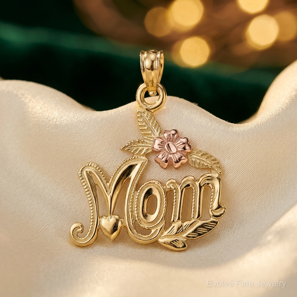 14K Two-tone Polished MOM and Flower Pendant - Lifestyle View