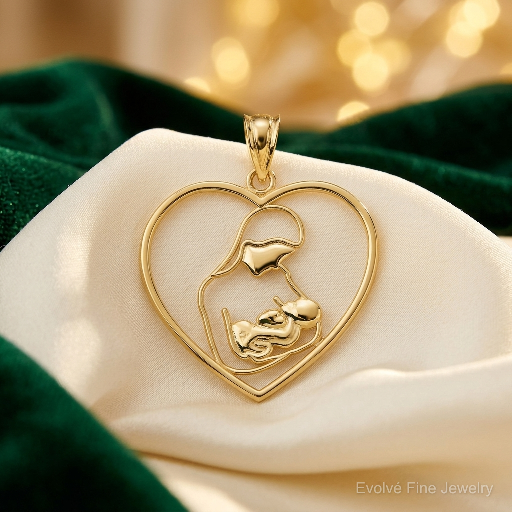 14k Mother and Child in Heart Pendant - Lifestyle View