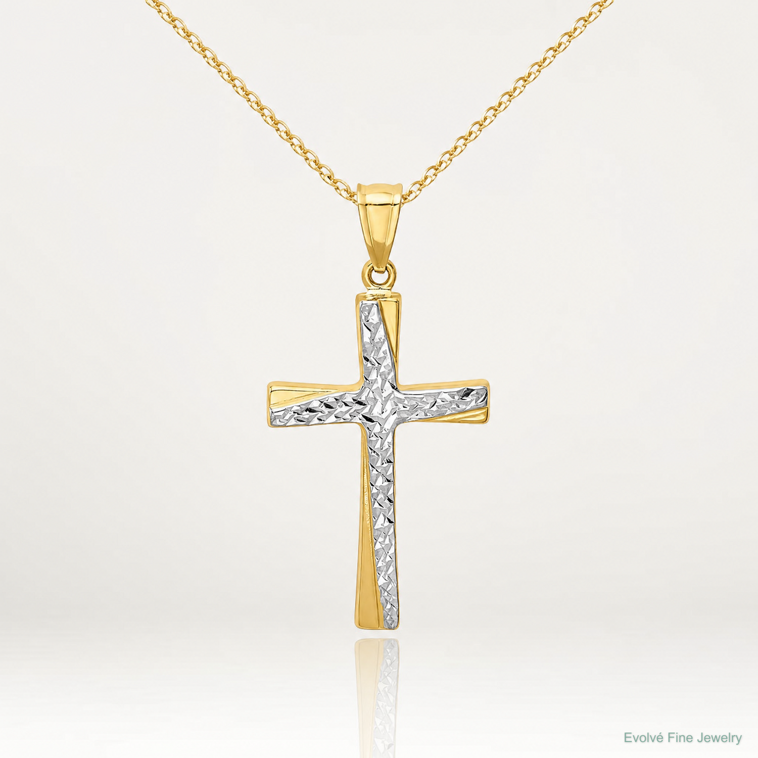 14k w/Rhodium Diamond-cut Cross Pendant - Lifestyle View