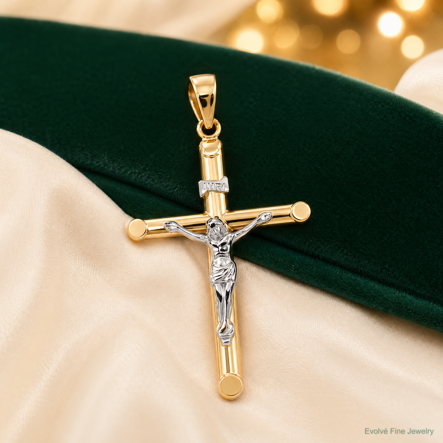 14k Two-tone Hollow Crucifix Pendant - Lifestyle View