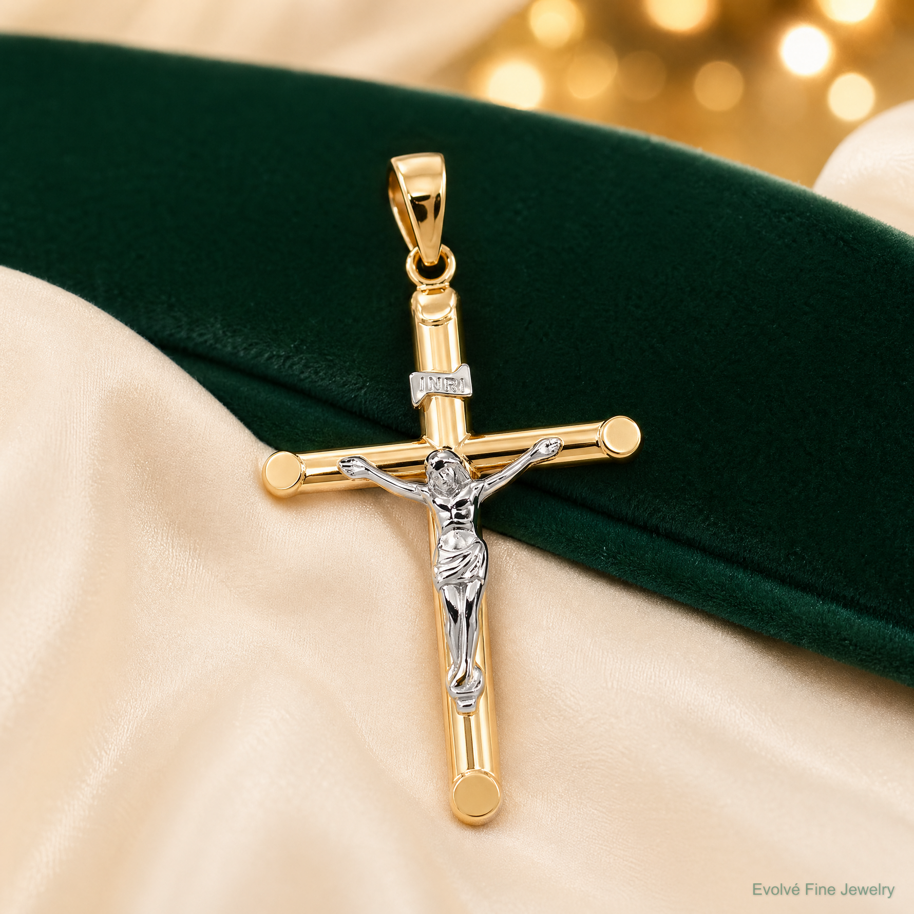 14k Two-tone Hollow Crucifix Pendant - Lifestyle View