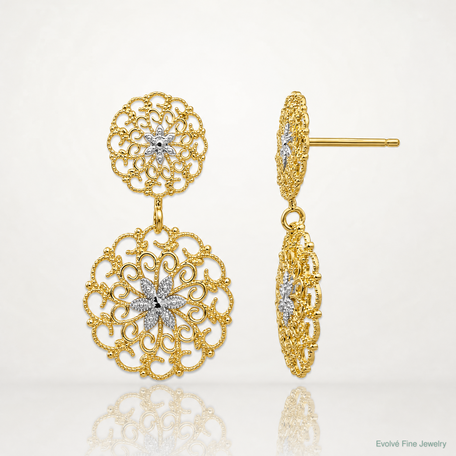 14K w/Rhodium D/C Filigree Medallion Drop Post Earrings - Lifestyle View
