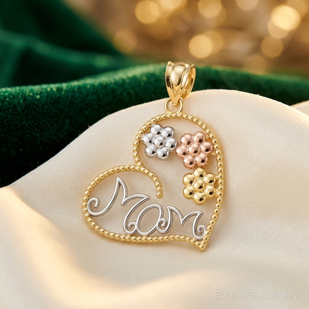 14k Tricolor MOM & Flowers Pendant - Lifestyle View