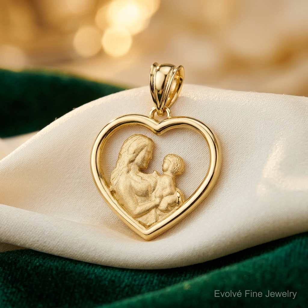 14k Polished and Satin Mom/Baby Heart Charm - Lifestyle View