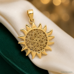 14k Polished Filigree Sun Pendant - Lifestyle View
