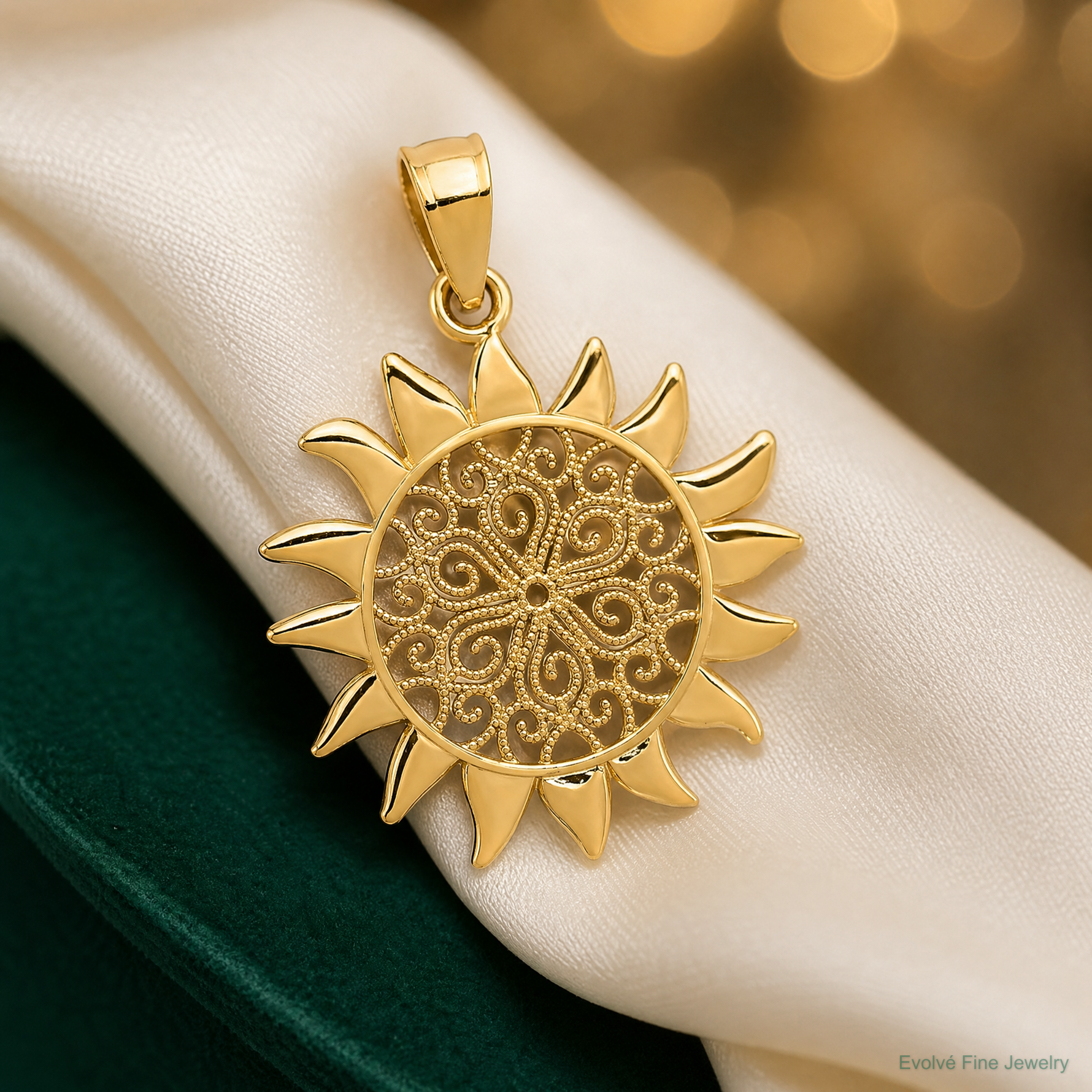 14k Polished Filigree Sun Pendant - Lifestyle View