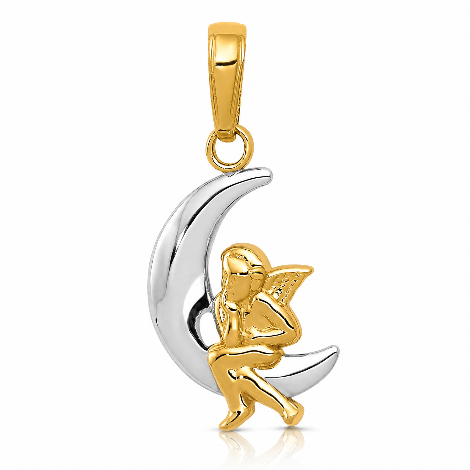 14k and Rhodium Polished Moon w/ Angel Pendant - Lifestyle View