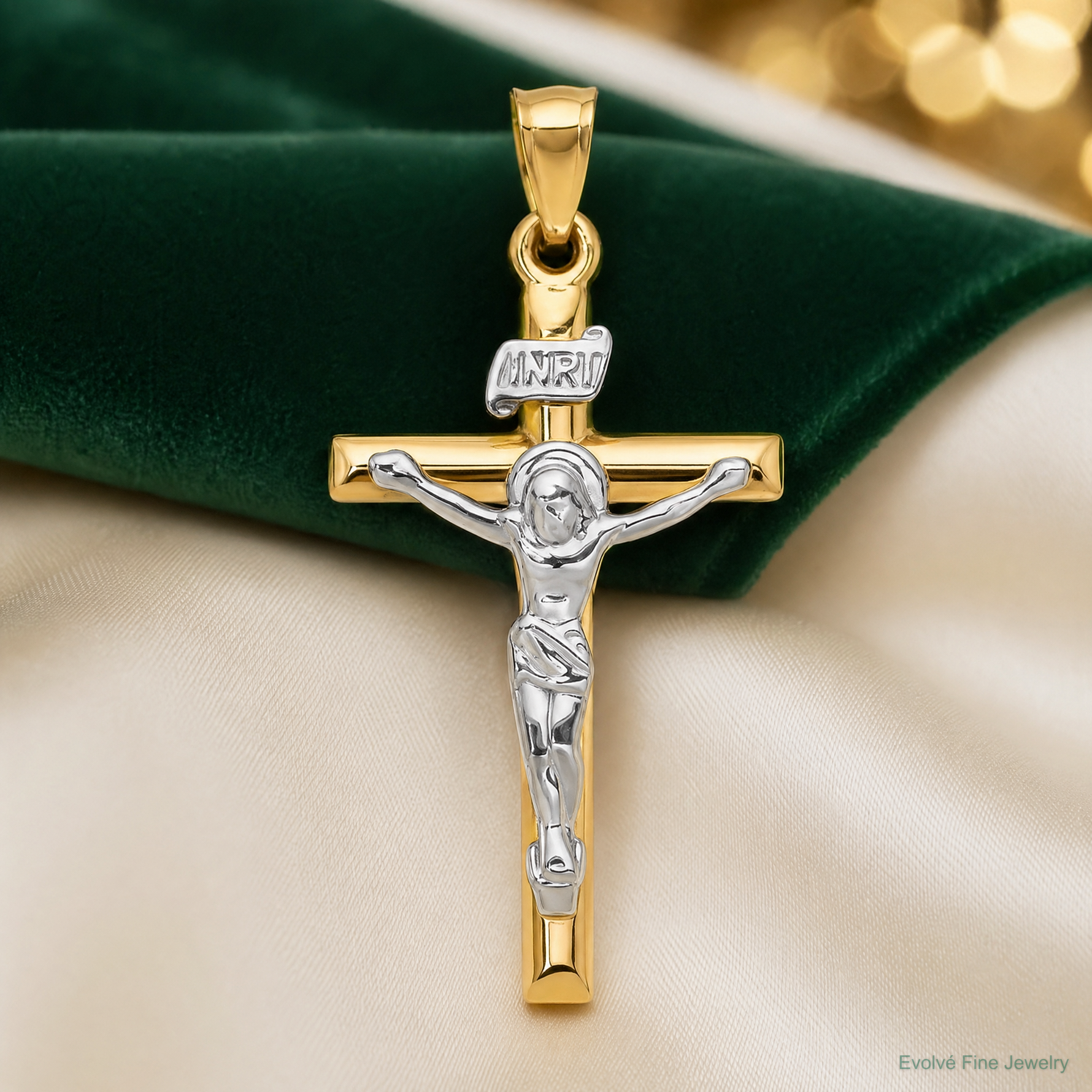 14k Two-tone INRI Crucifix Pendant - Lifestyle View