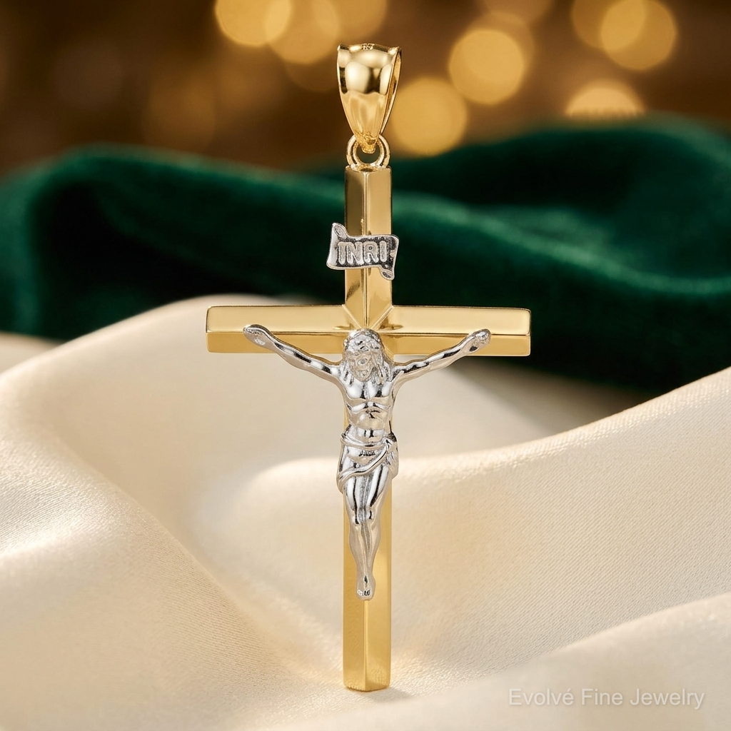 14k Two-tone INRI Hollow Crucifix Pendant - Lifestyle View