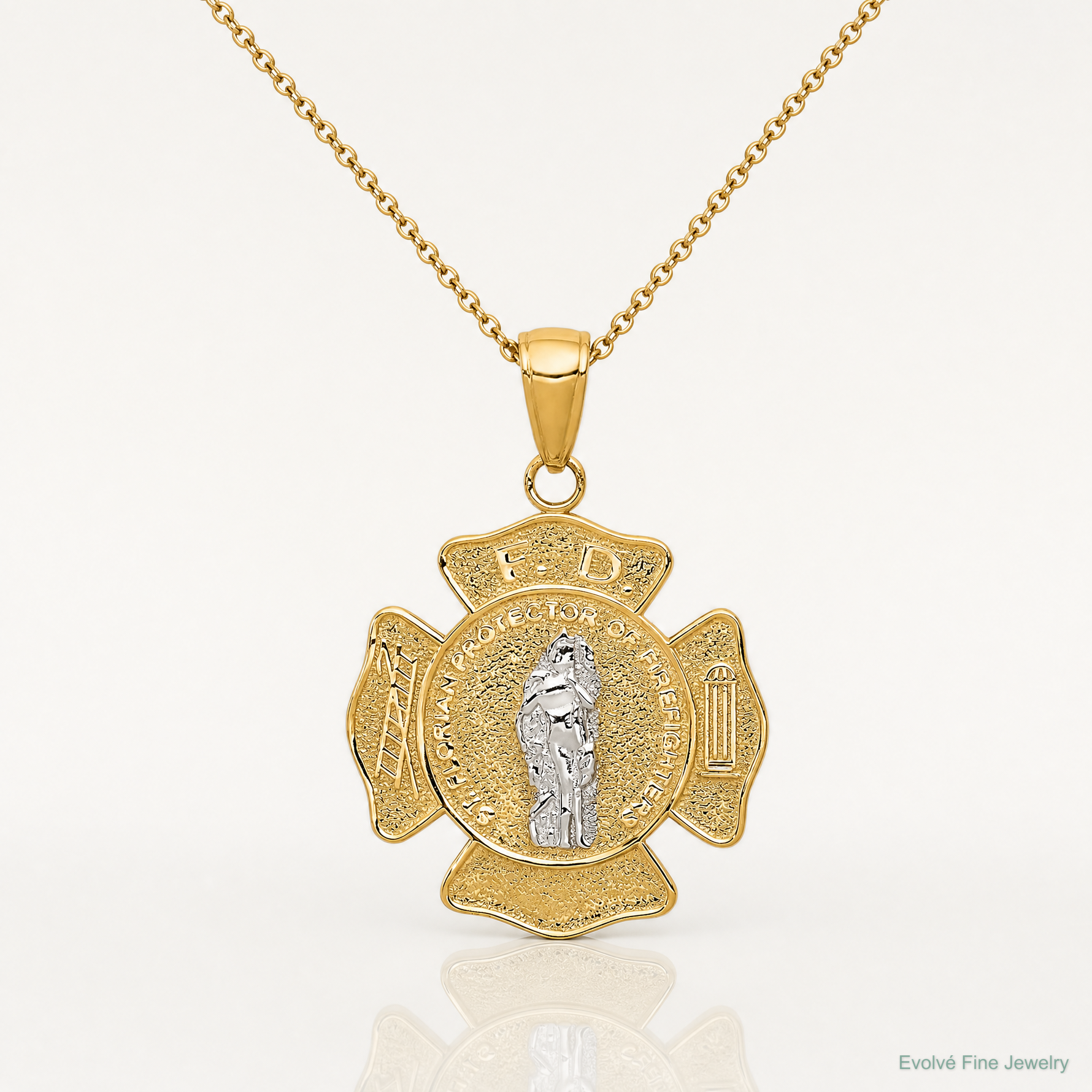 14k Two-tone Saint Florian Medal Pendant - Lifestyle View