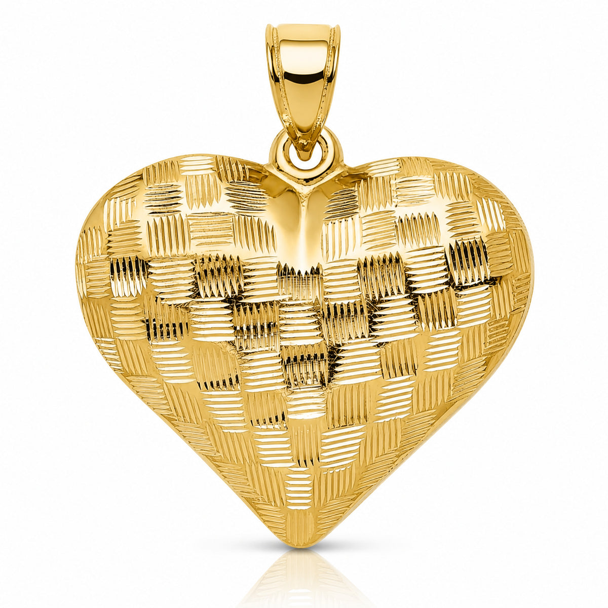 14K Polished Basket Weave Pattern 3-D Heart Pendant - Lifestyle View