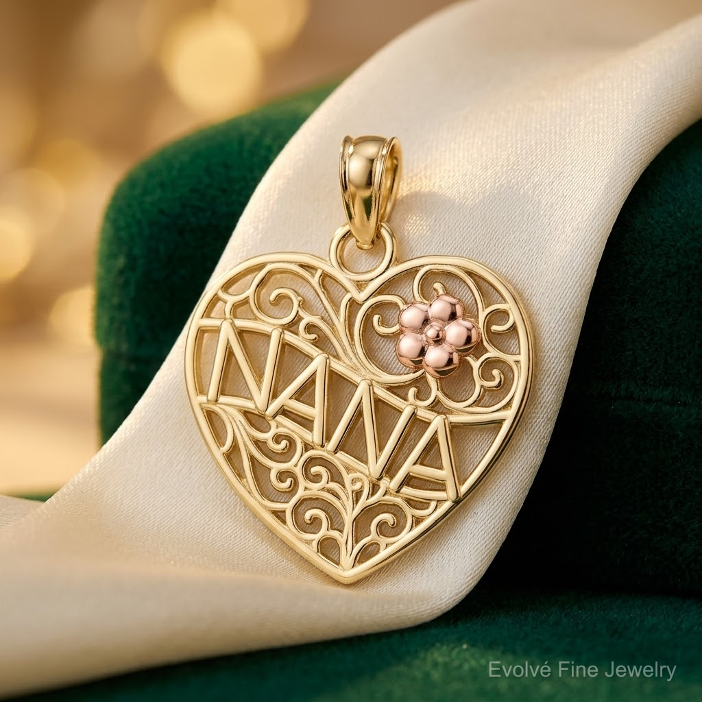 14K Two-tone Polished NANA w/Flower on Heart Pendant - Lifestyle View