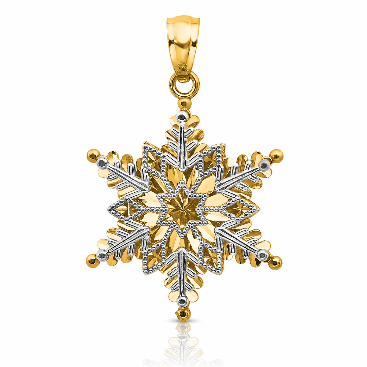 14k Two-tone Polished and Textured 2 Level Snowflake Pendant - Lifestyle View
