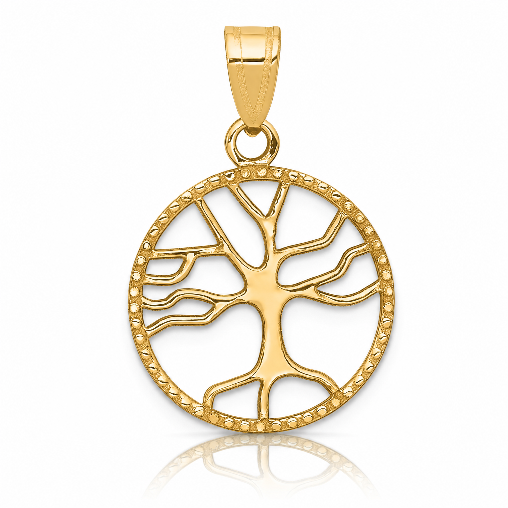 14K Gold Polished Small Tree of Life in Round Pendant - Lifestyle View