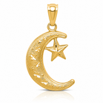 14k Gold Polished and Textured Moon and Stars Pendant - Lifestyle View