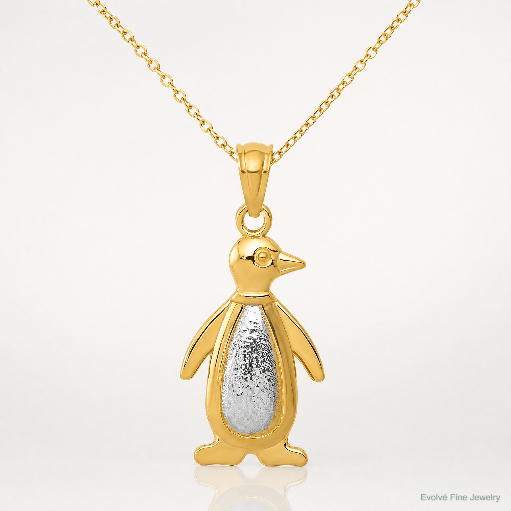 14K Yellow and White Gold Polished/Textured Penguin Pendant - Lifestyle View