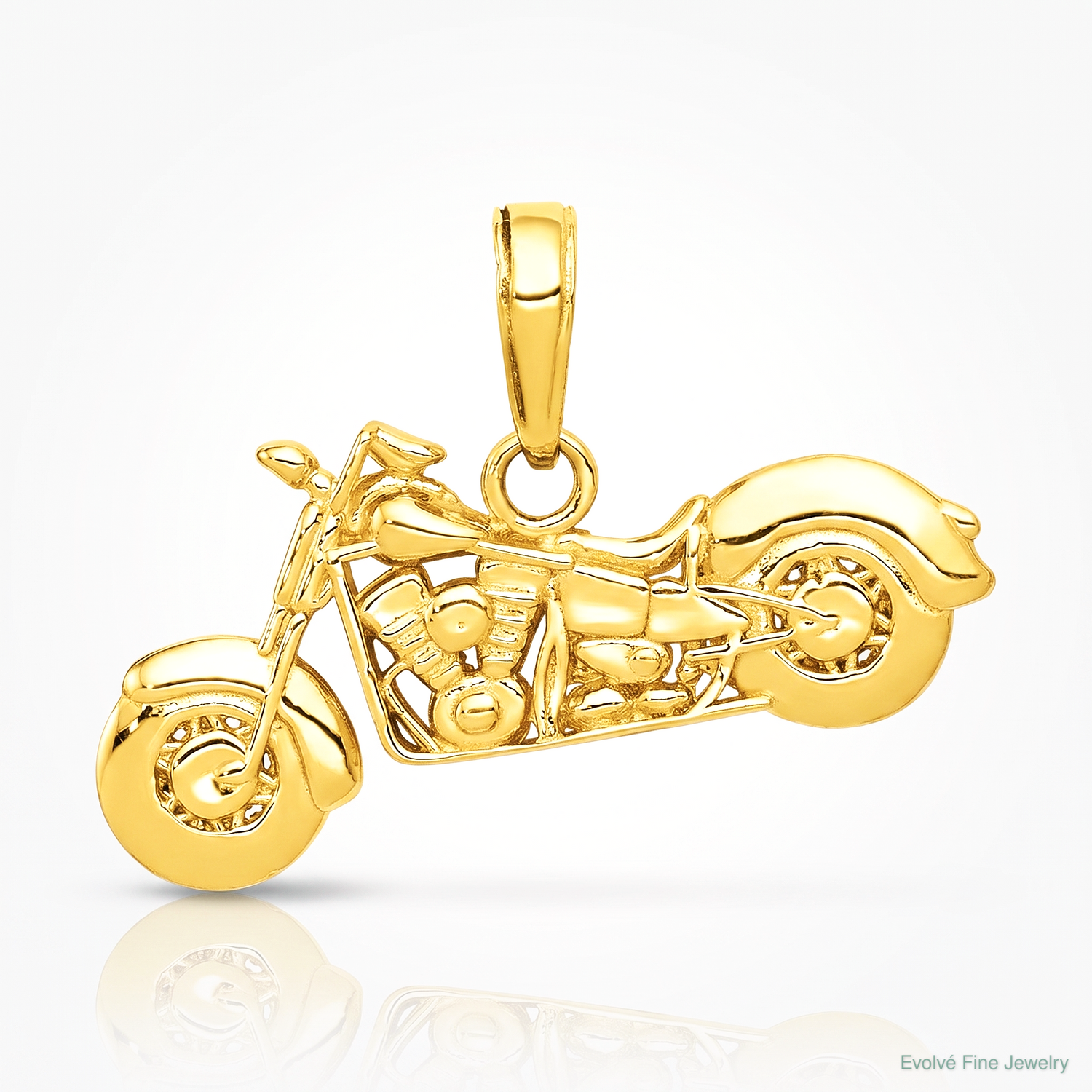 14K Gold Polished / Textured 3-D Motorcycle Pendant - Lifestyle View