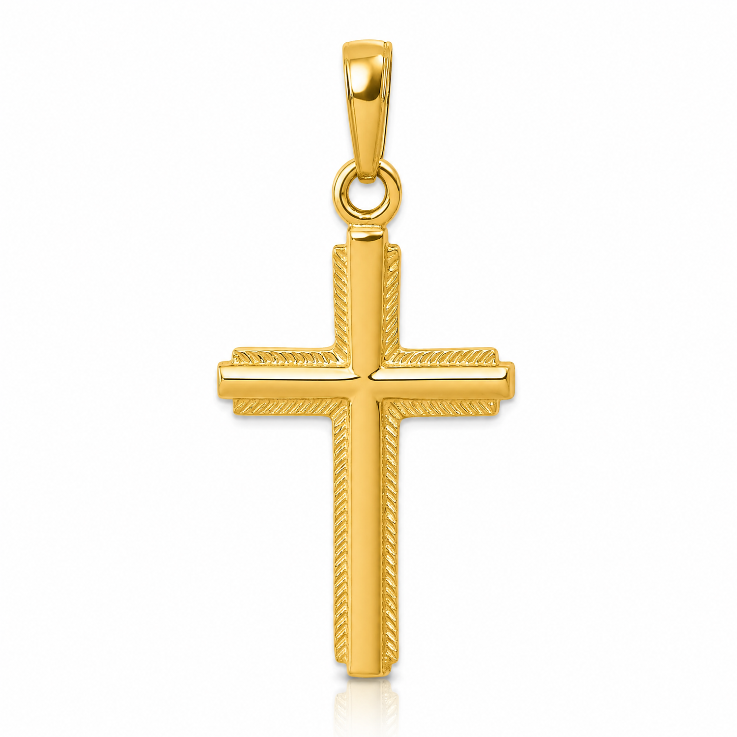14K Polished Cross With Striped Border Pendant - Lifestyle View