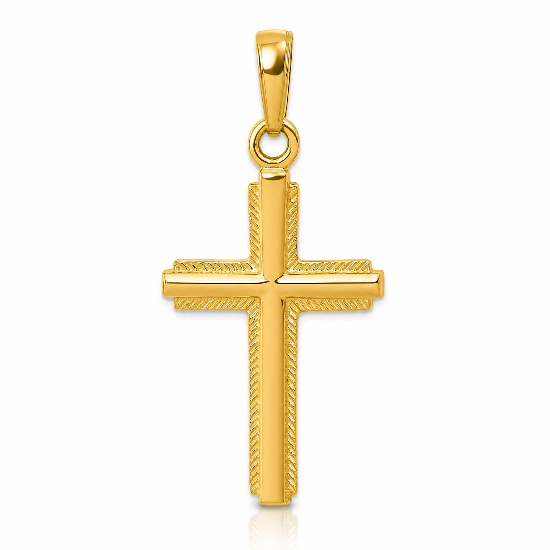 14K Polished Cross With Striped Border Pendant - Lifestyle View