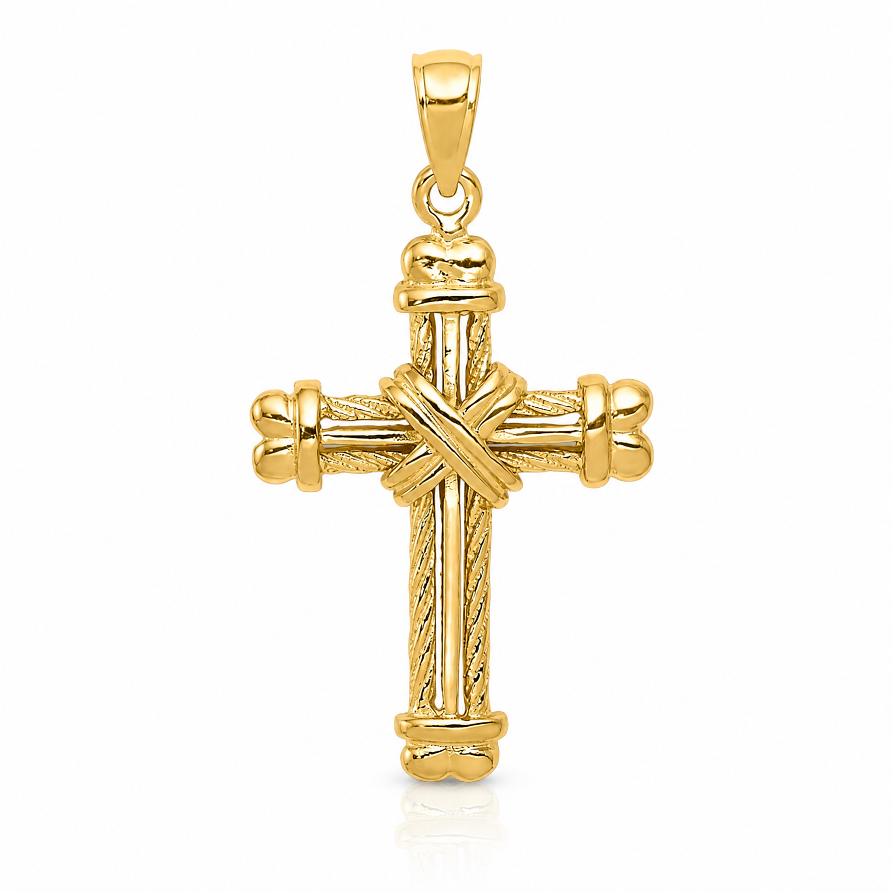 14K Gold Polished / Textured Cross Pendant - Lifestyle View
