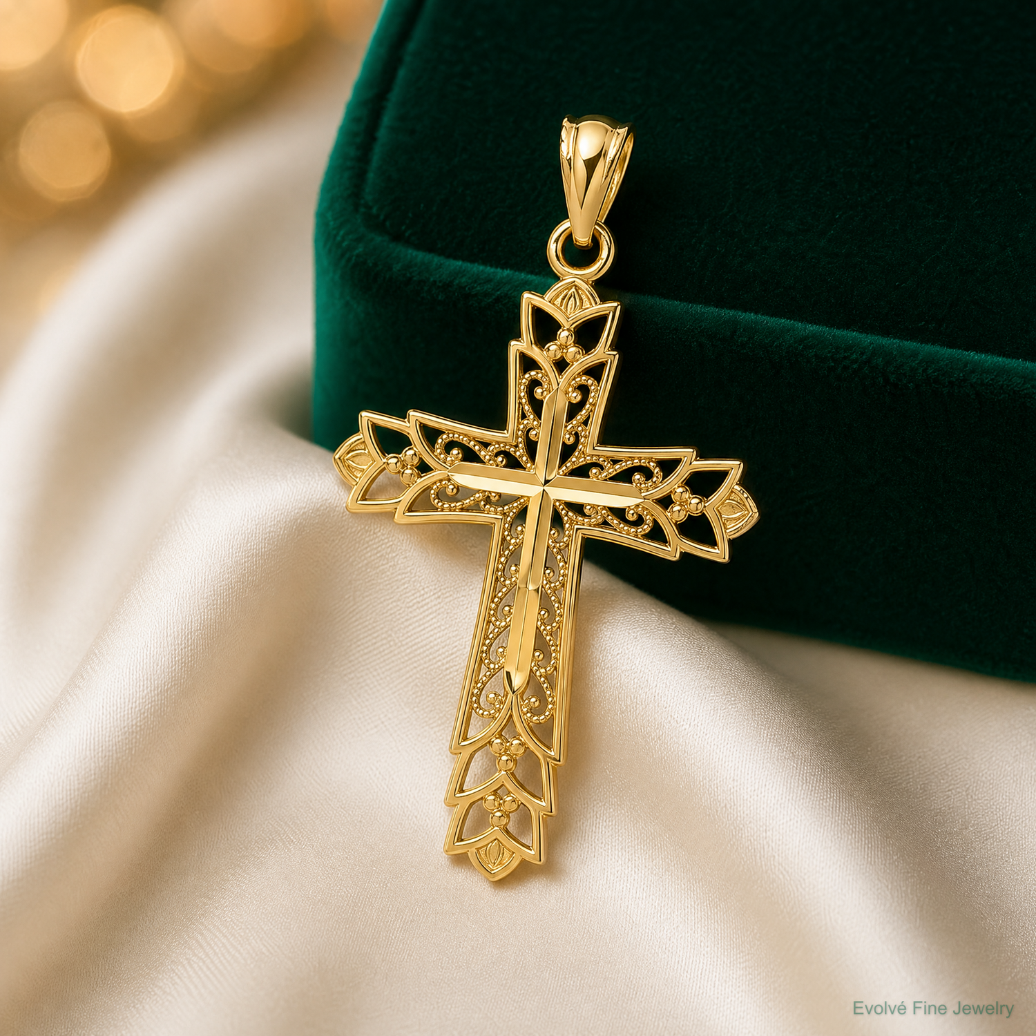 14k Gold Polished Filigree Cross Pendant - Lifestyle View