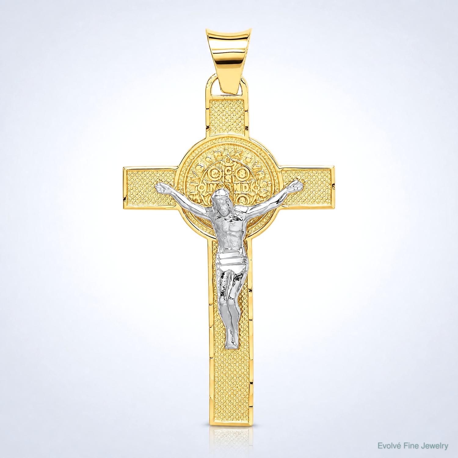 14k Two-Tone St. Benedict Medal Crucifix Cross Pendant - Lifestyle View