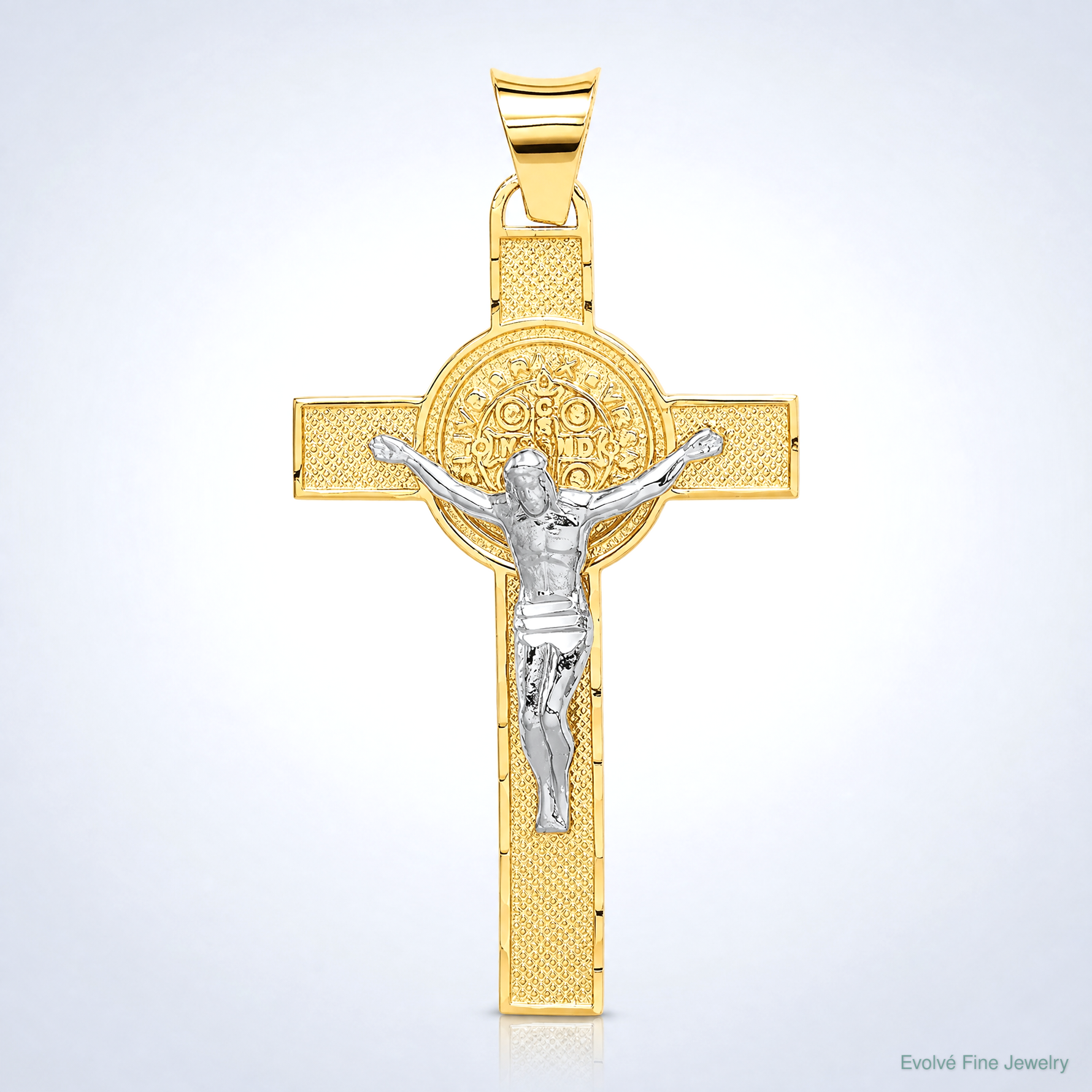 14k Two-Tone St. Benedict Medal Crucifix Cross Pendant - Lifestyle View