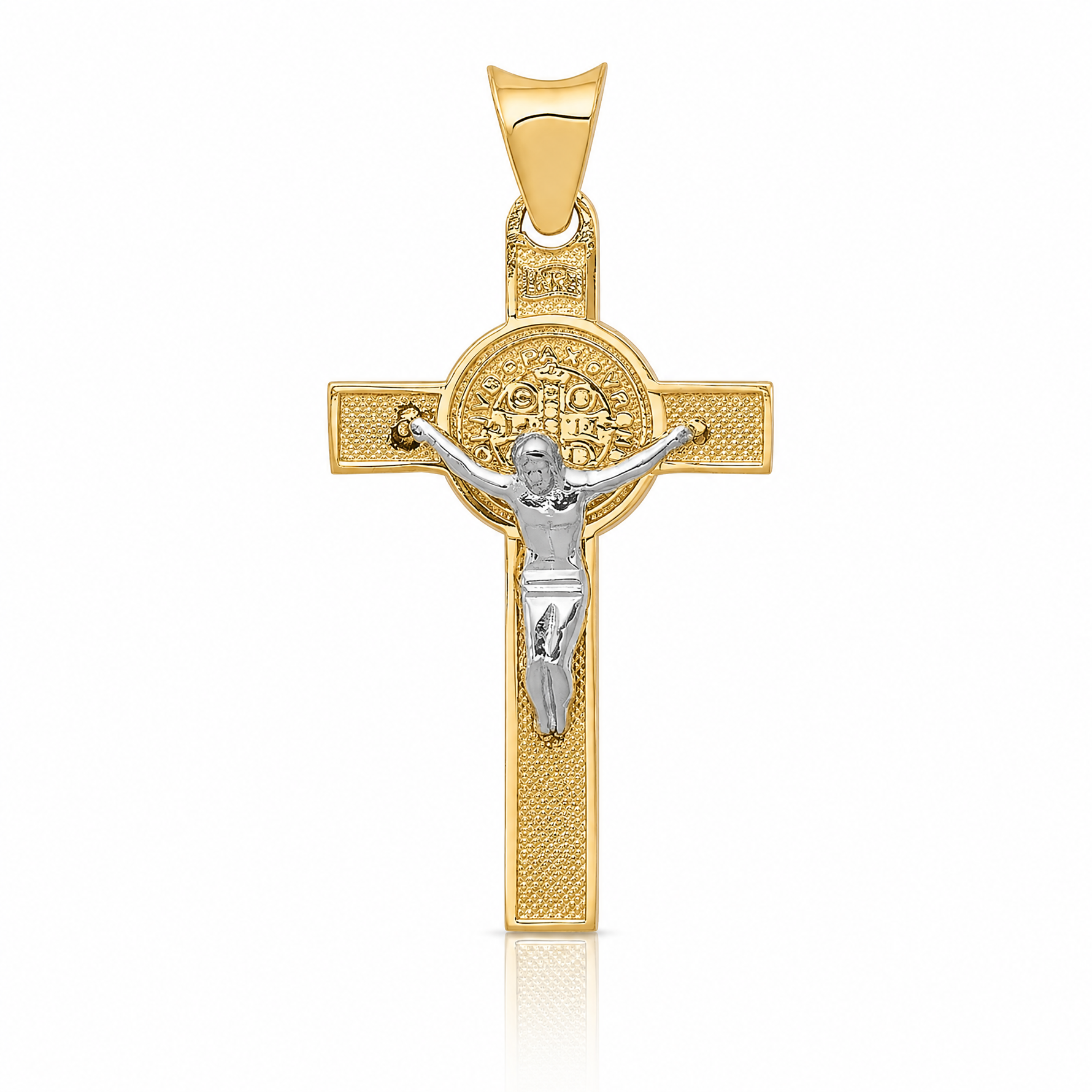14k Two-Tone St. Benedict Medal Crucifix Cross Pendant - Lifestyle View