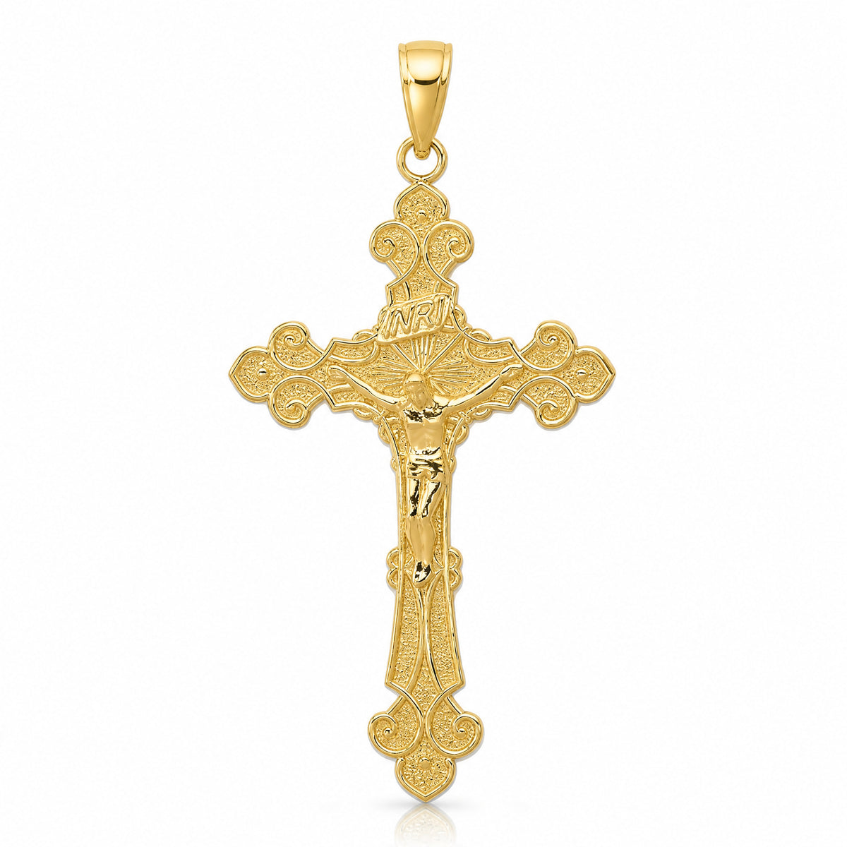 14K Polished Textured INRI Crucifix Fleur de Lis Pendant - Lifestyle View