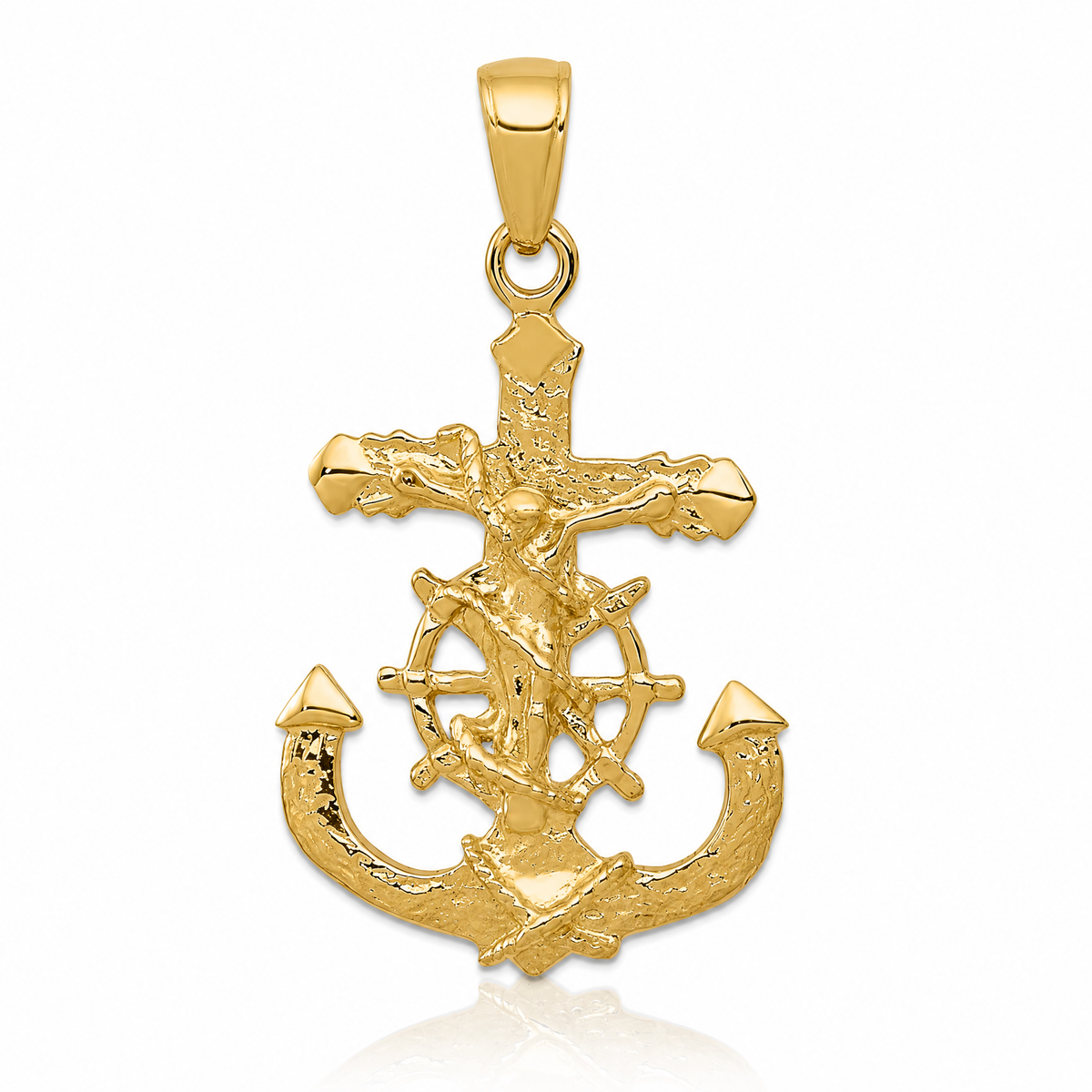 14K Polished Textured Mariners Crucifix Rope/Wheel Pendant - Lifestyle View