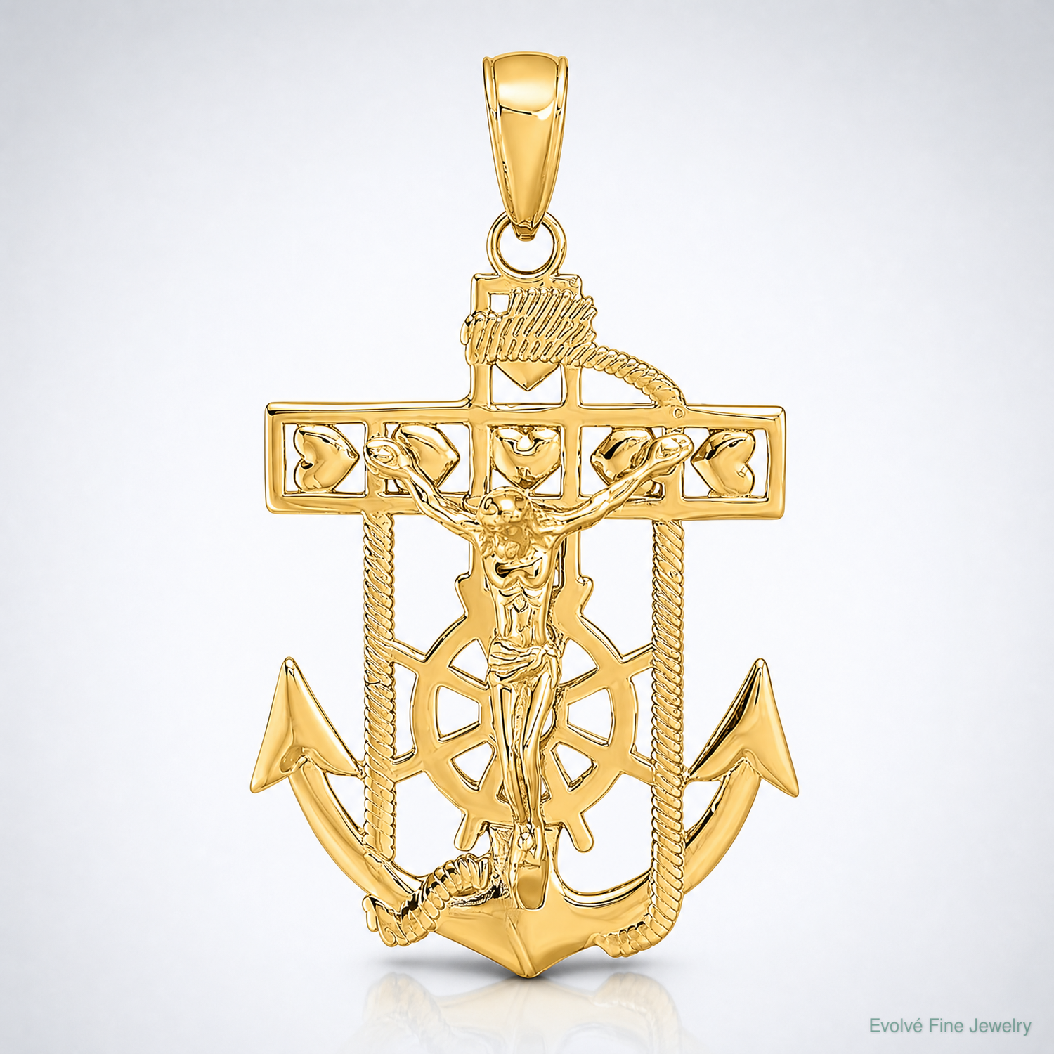 14K Polished Textured Mariners Crucifix Pendant - Lifestyle View