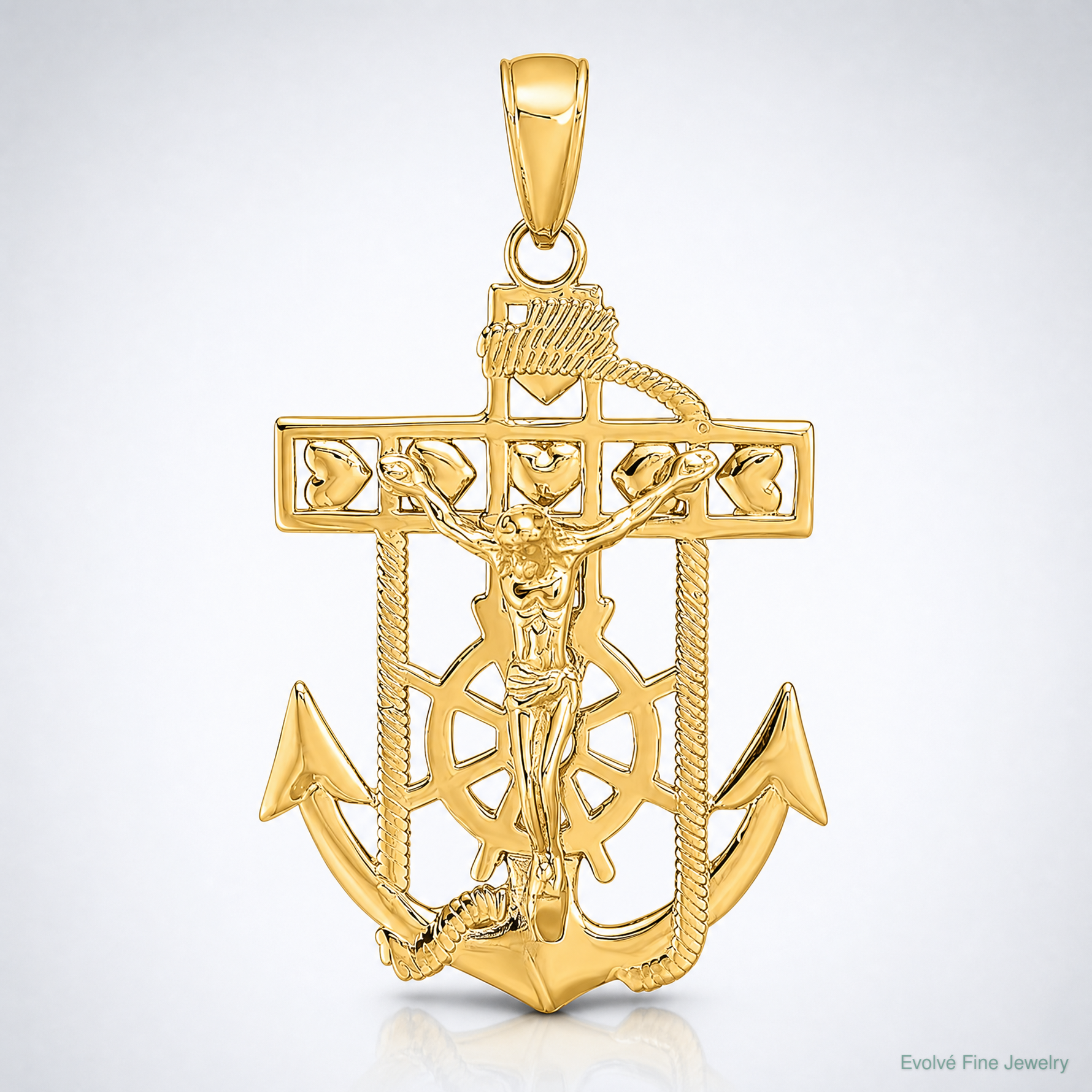 14K Polished Textured Mariners Crucifix Pendant - Lifestyle View