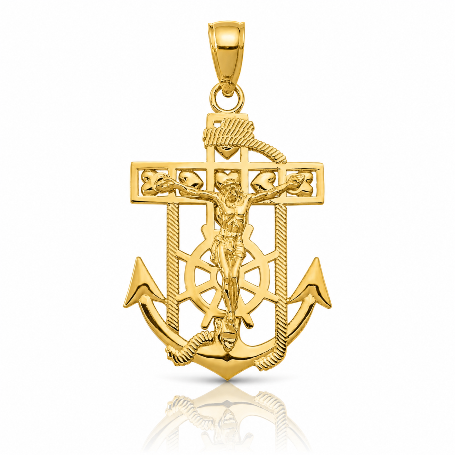 14K Polished Textured Mini Mariners Crucifix Pendant - Lifestyle View