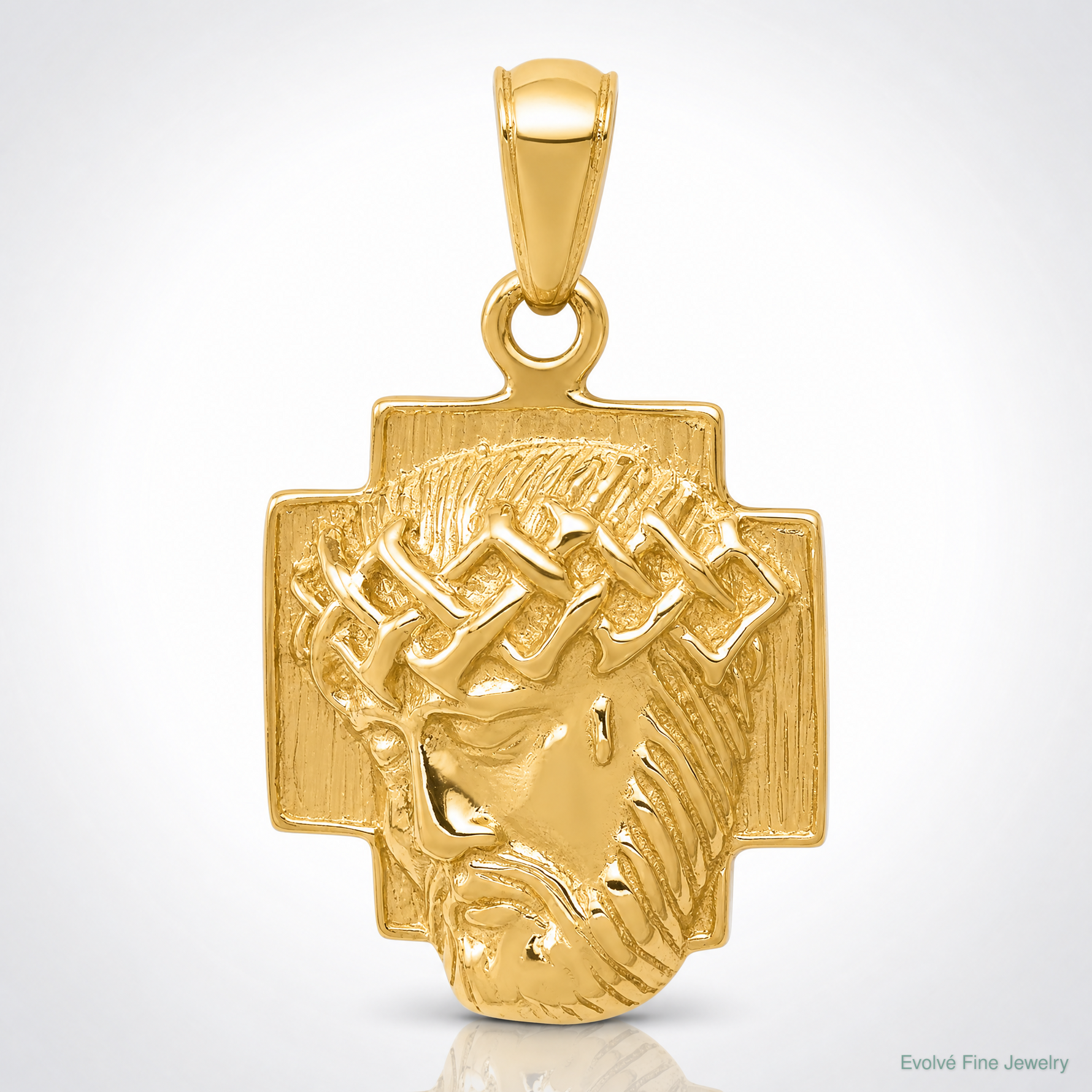 14K Gold Polished Small Jesus Head With Crown Pendant - Lifestyle View