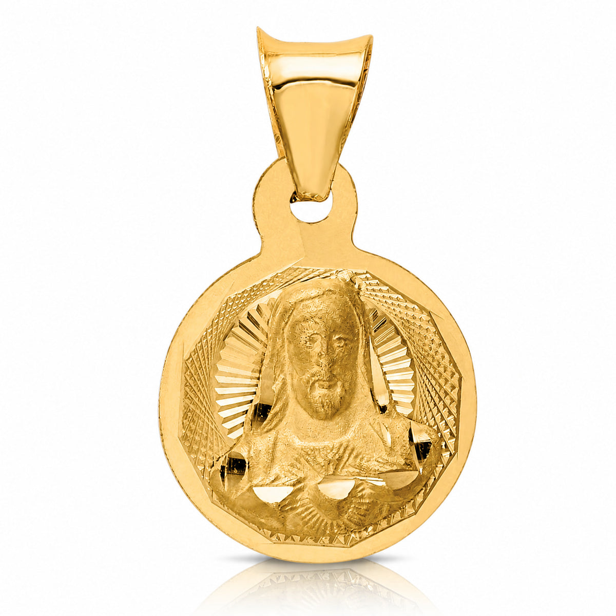 14K Polished D/C Sagrado Corazon Circle Pendant - Lifestyle View
